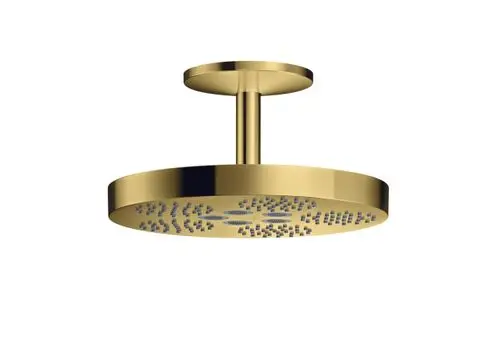 Kopfbrause in Polished Gold Optic von AXOR, mit rundem, flachem Design und verschiedenen Strahlöffnungen, zur Deckenmontage geeignet.